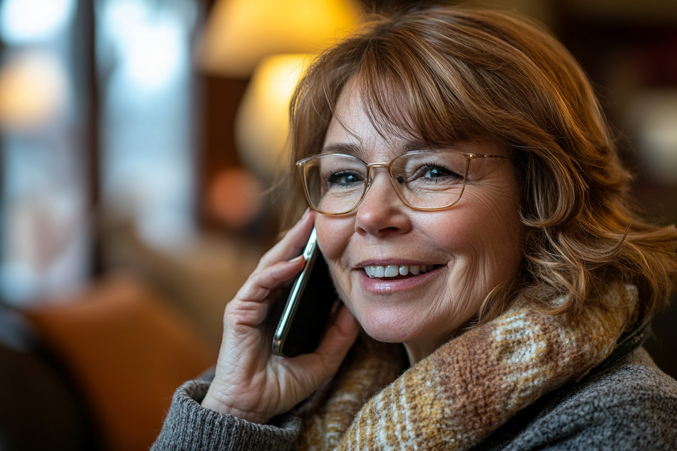 Una mujer sonriente hablando por teléfono | Fuente: Midjourney