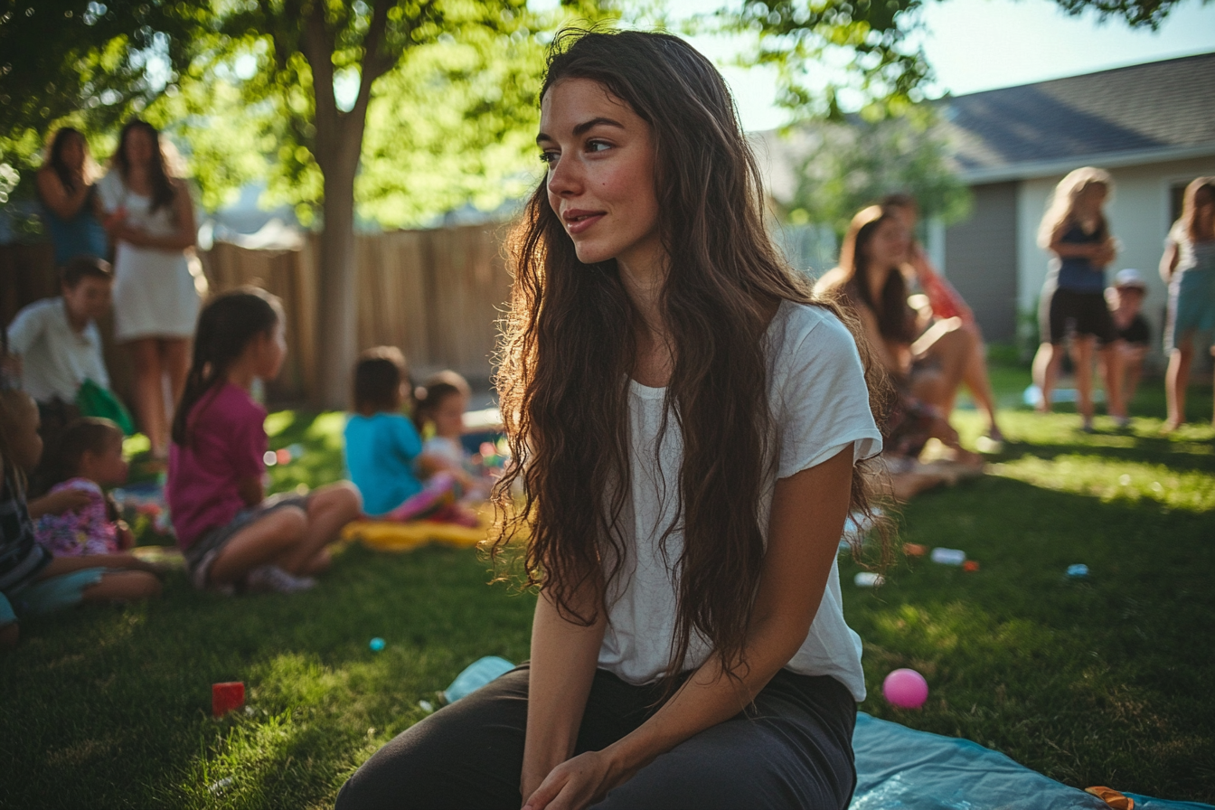 Worried woman kneeling at a backyard birthday party | Source: Midjourney