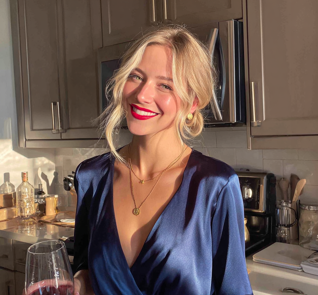 A smiling woman standing in a kitchen with a glass of wine | Source: Midjourney