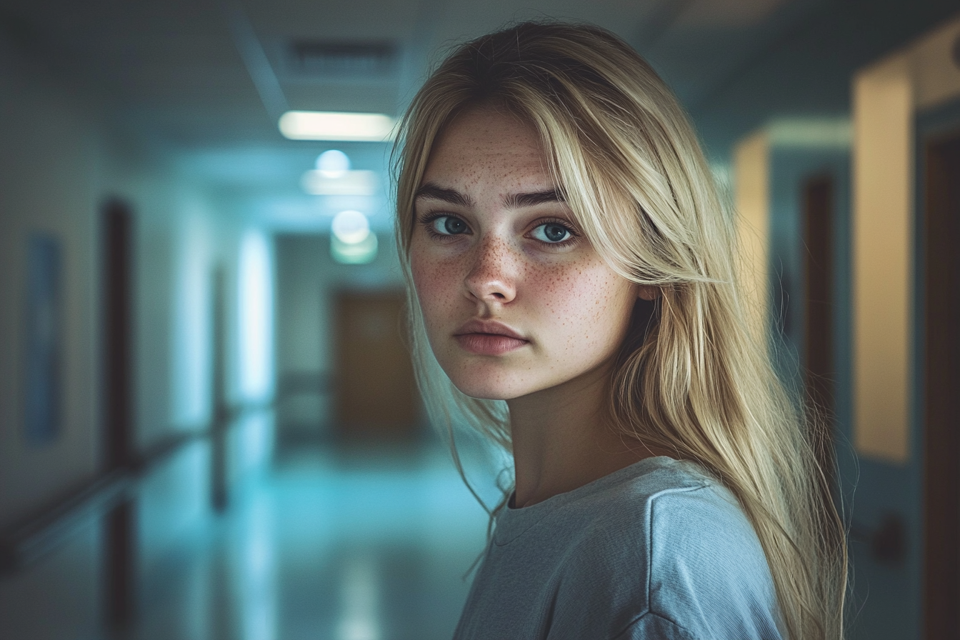 A sad and confused woman in a hospital corridor | Source: Midjourney