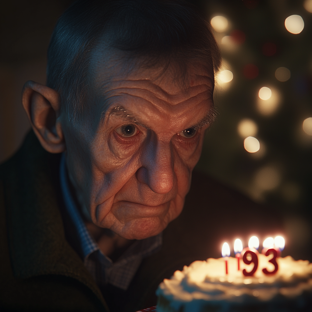 An upset older man looking at his birthday cake | Source: Midjourney