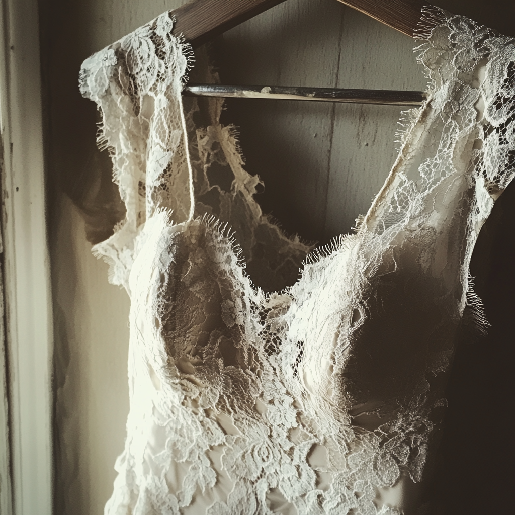 A wedding dress on a hanger | Source: Midjourney