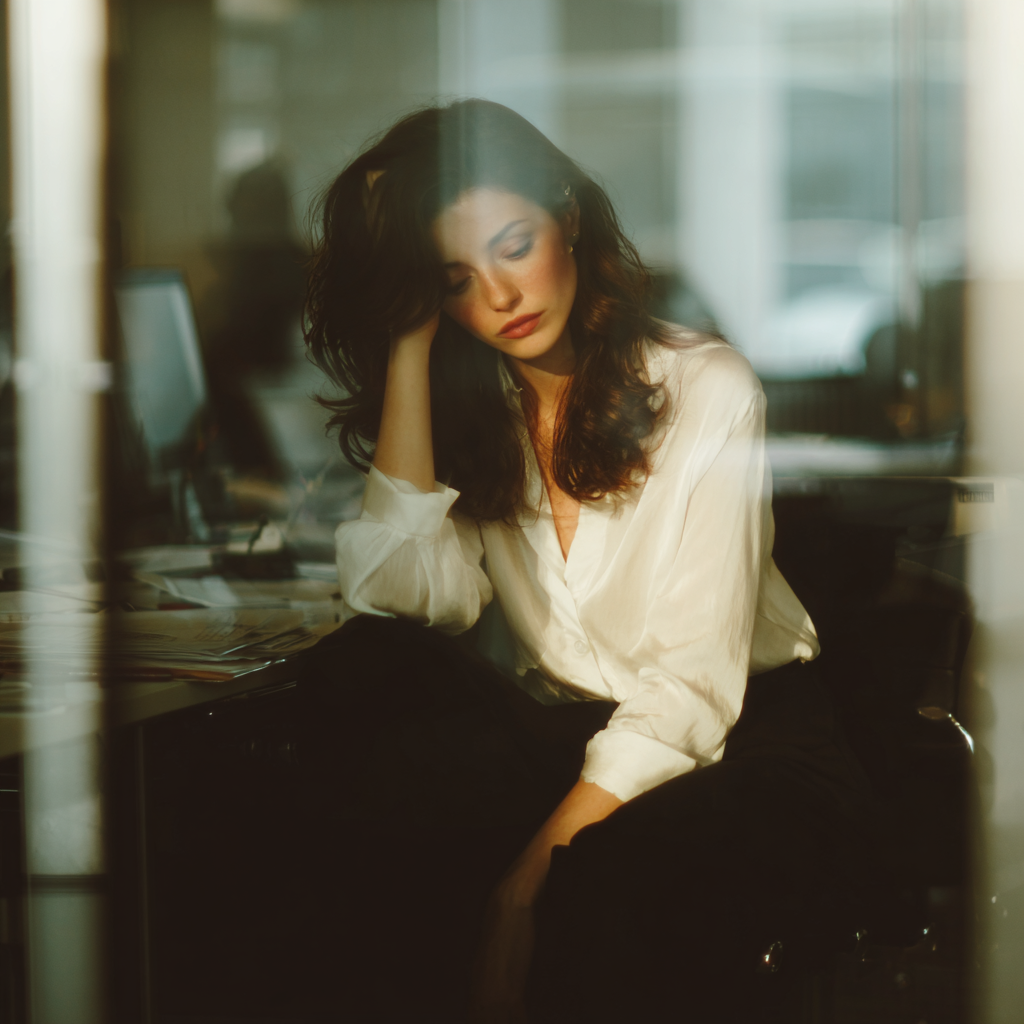An emotional woman sitting at her desk | Source: Midjourney
