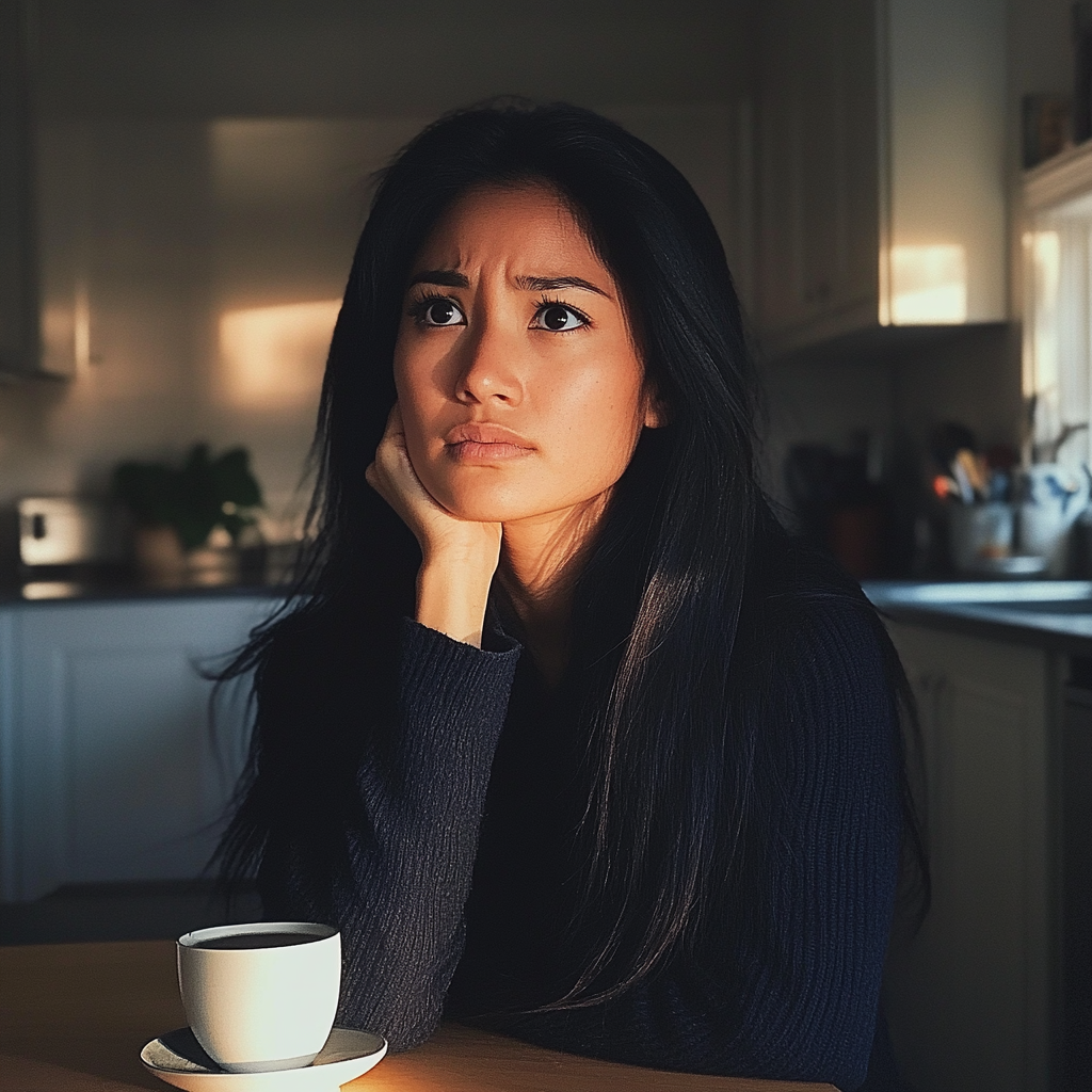 A woman sitting at a kitchen table | Source: Midjourney