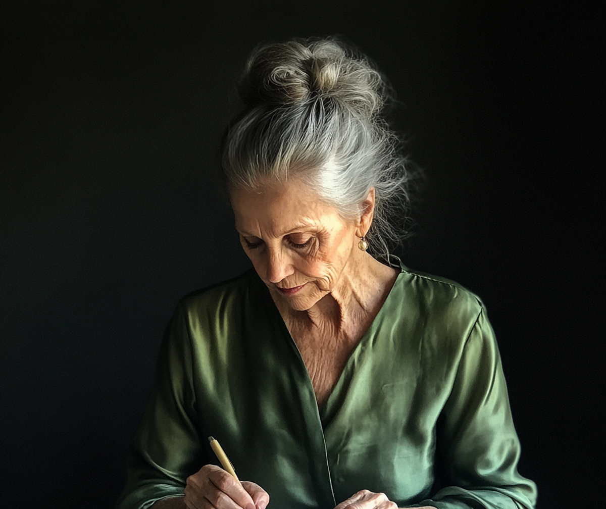 An older woman writing a note | Source: Midjourney