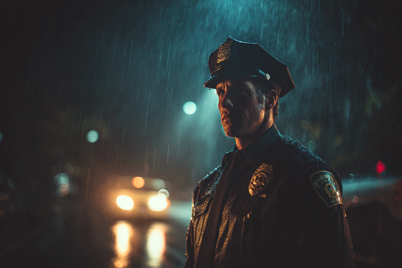 A police officer standing in the rain | Source: Midjourney