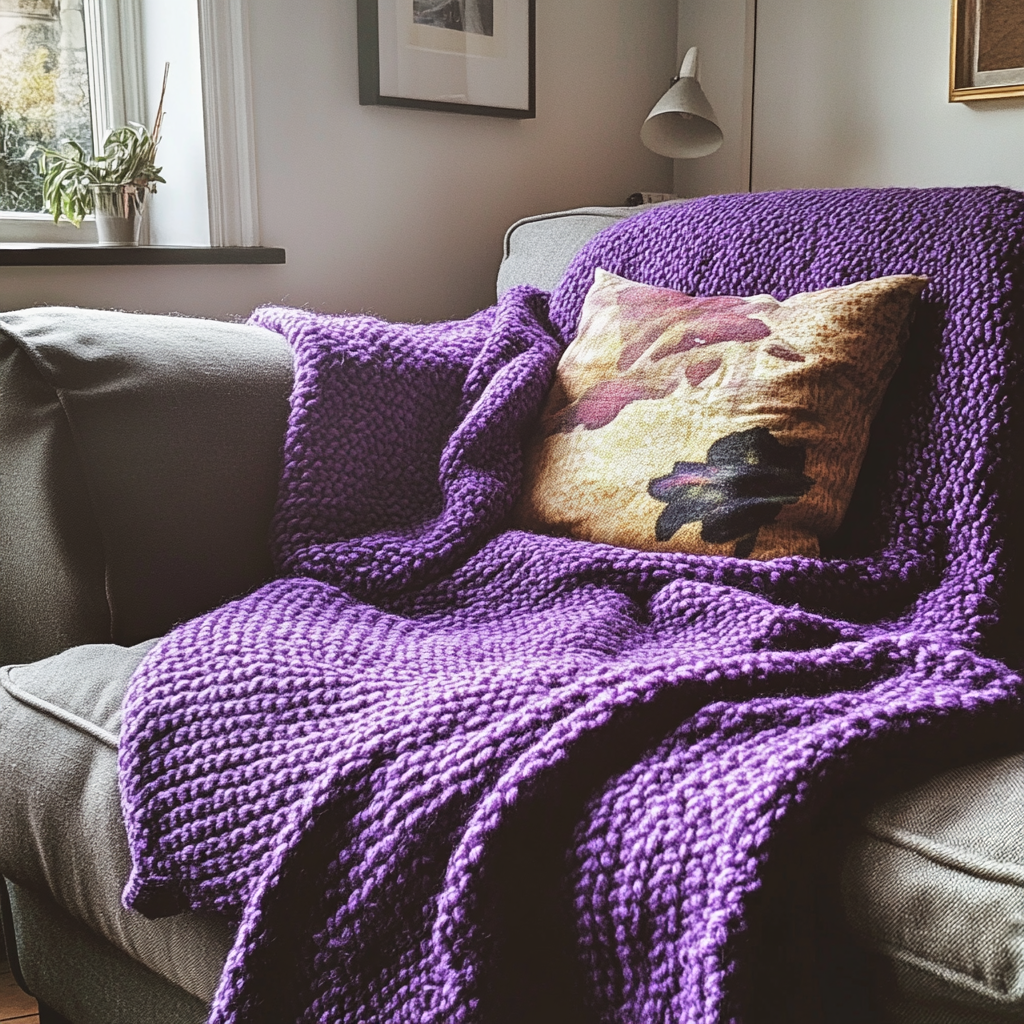 A purple knitted blanket on a couch | Source: Midjourney