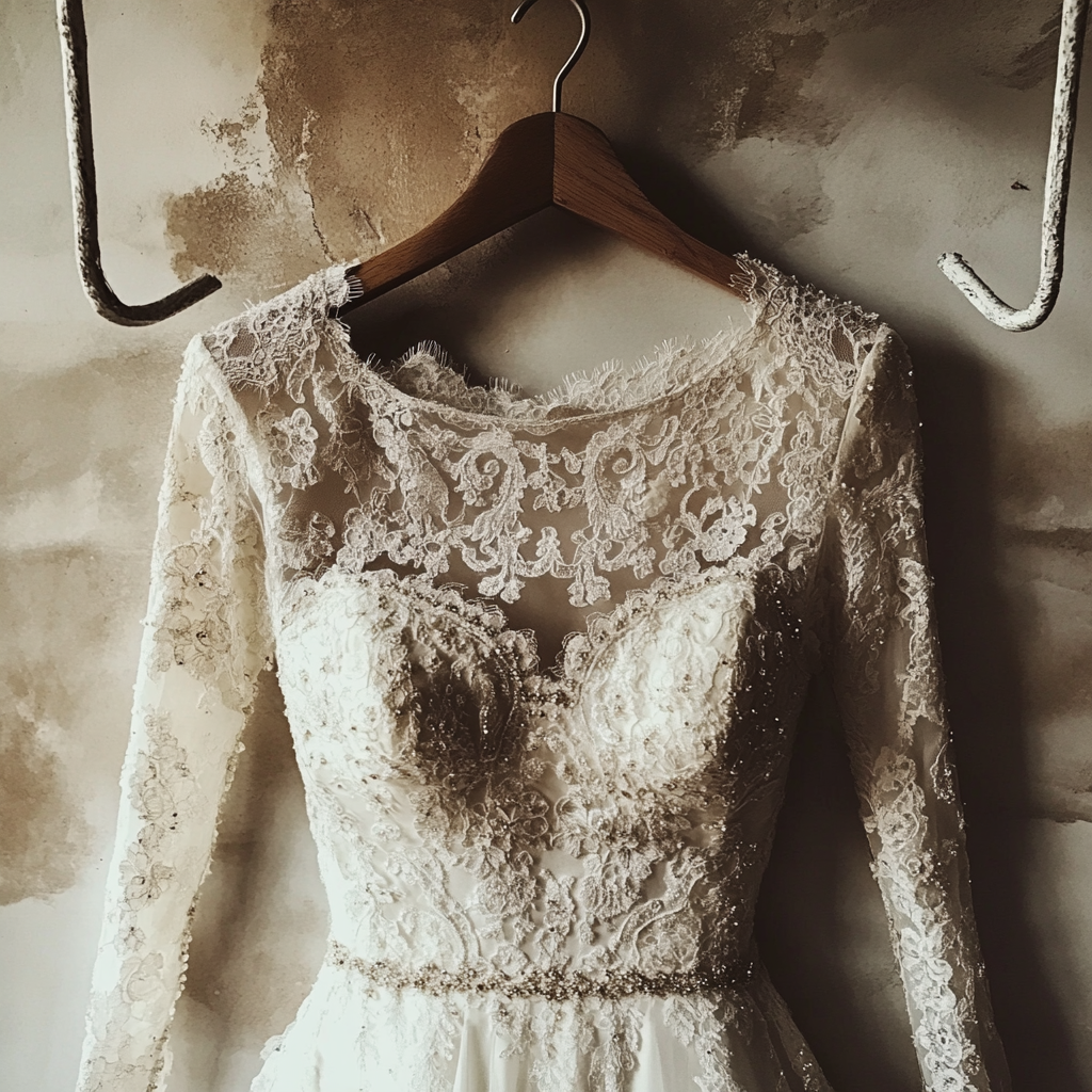 A lace wedding dress on a hanger | Source: Midjourney