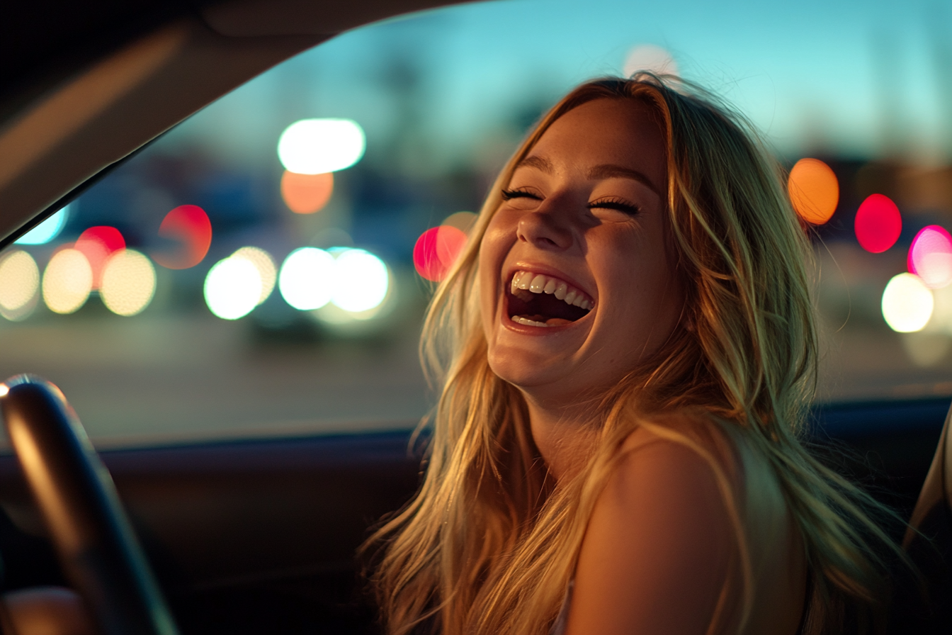 A woman laughing in her stationary car | Source: Midjourney