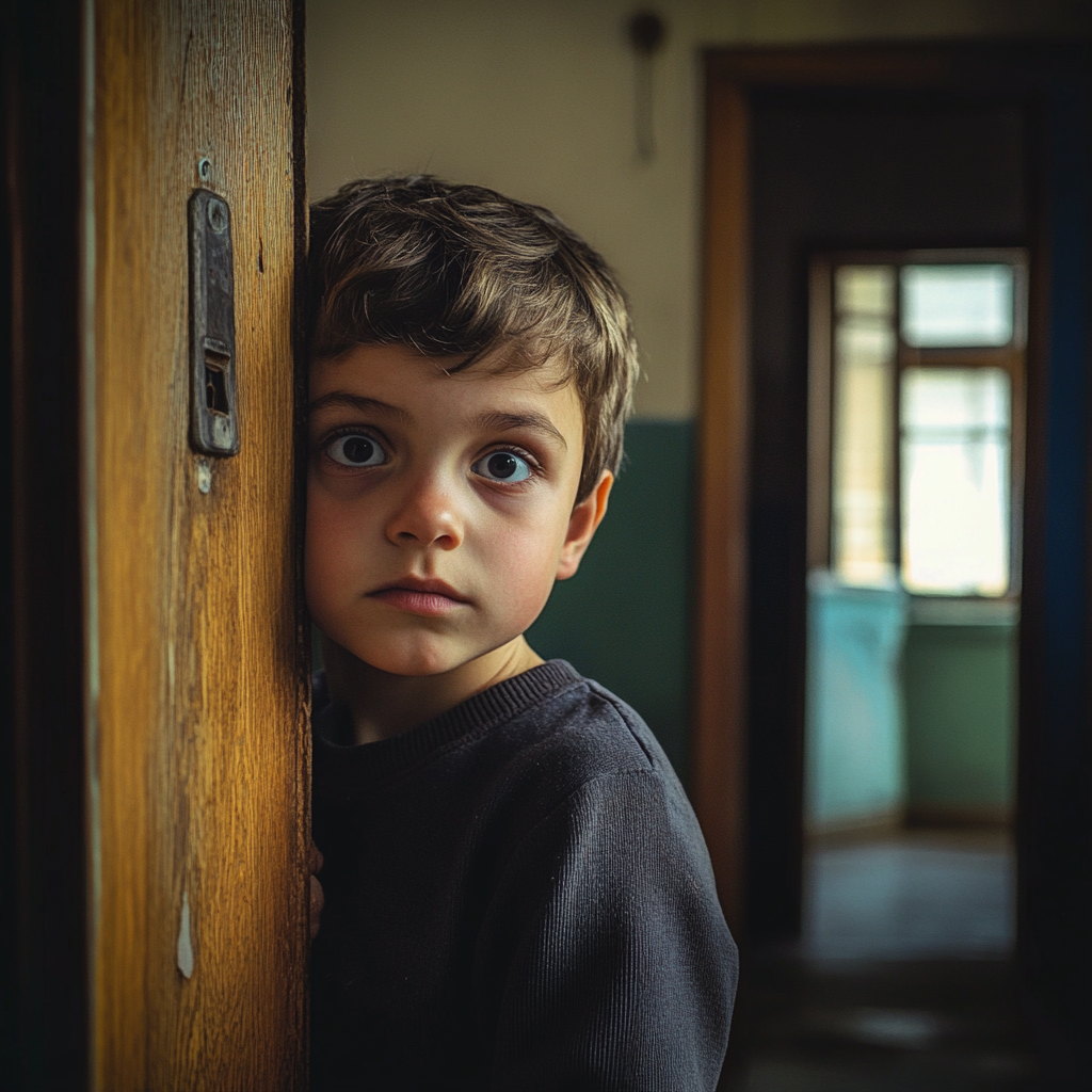 A distressed young boy standing at the door of a small apartment | Source: Midjourney