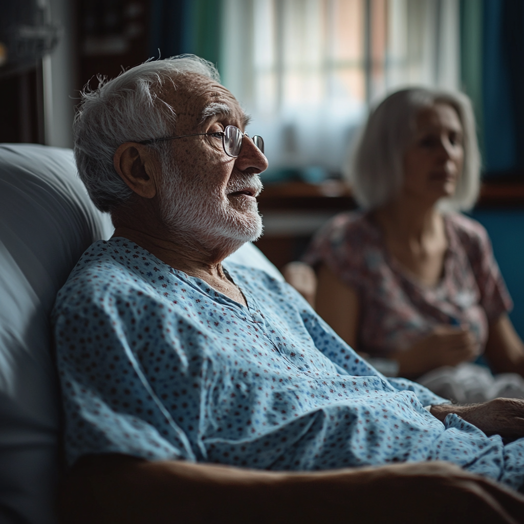 Senior man in a hospital bed talking to his wife | Source: Midjourney