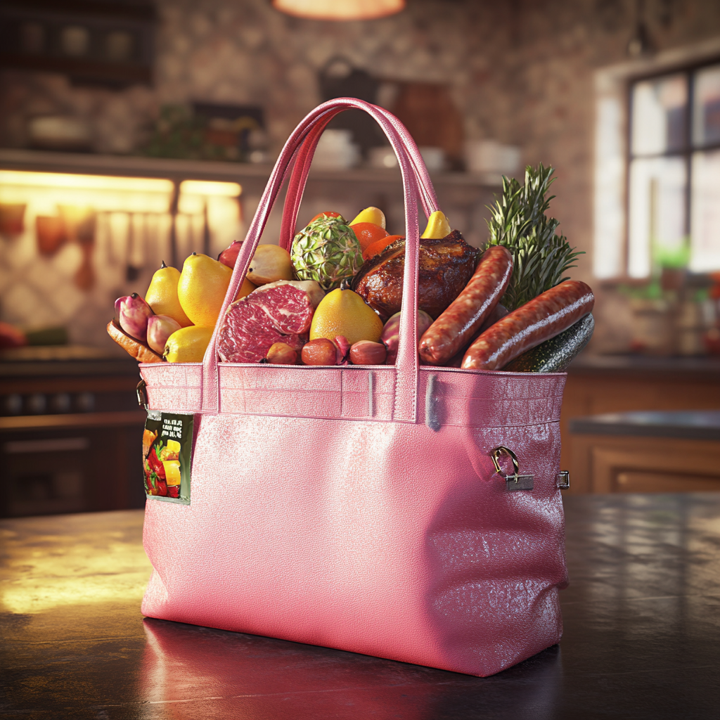 A pink tote bag loaded with food items | Source: Midjourney