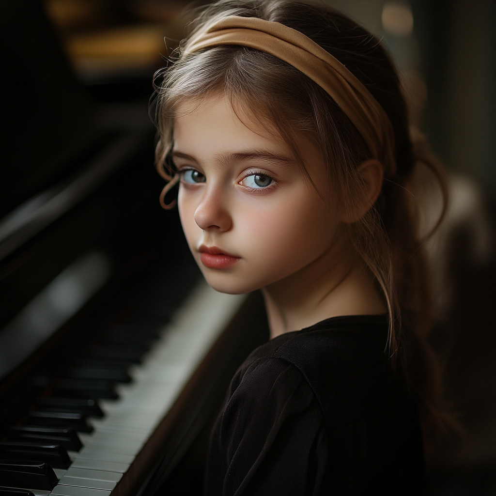 A serious girl in front of her piano | Source: Midjourney