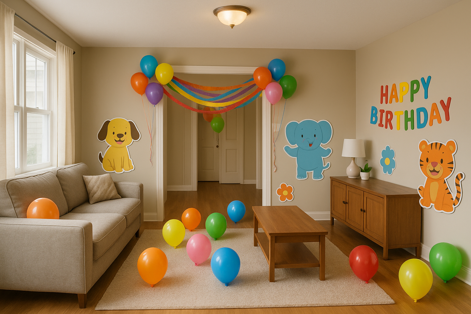 A living room decorated for a kid's birthday | Source: DALL-E