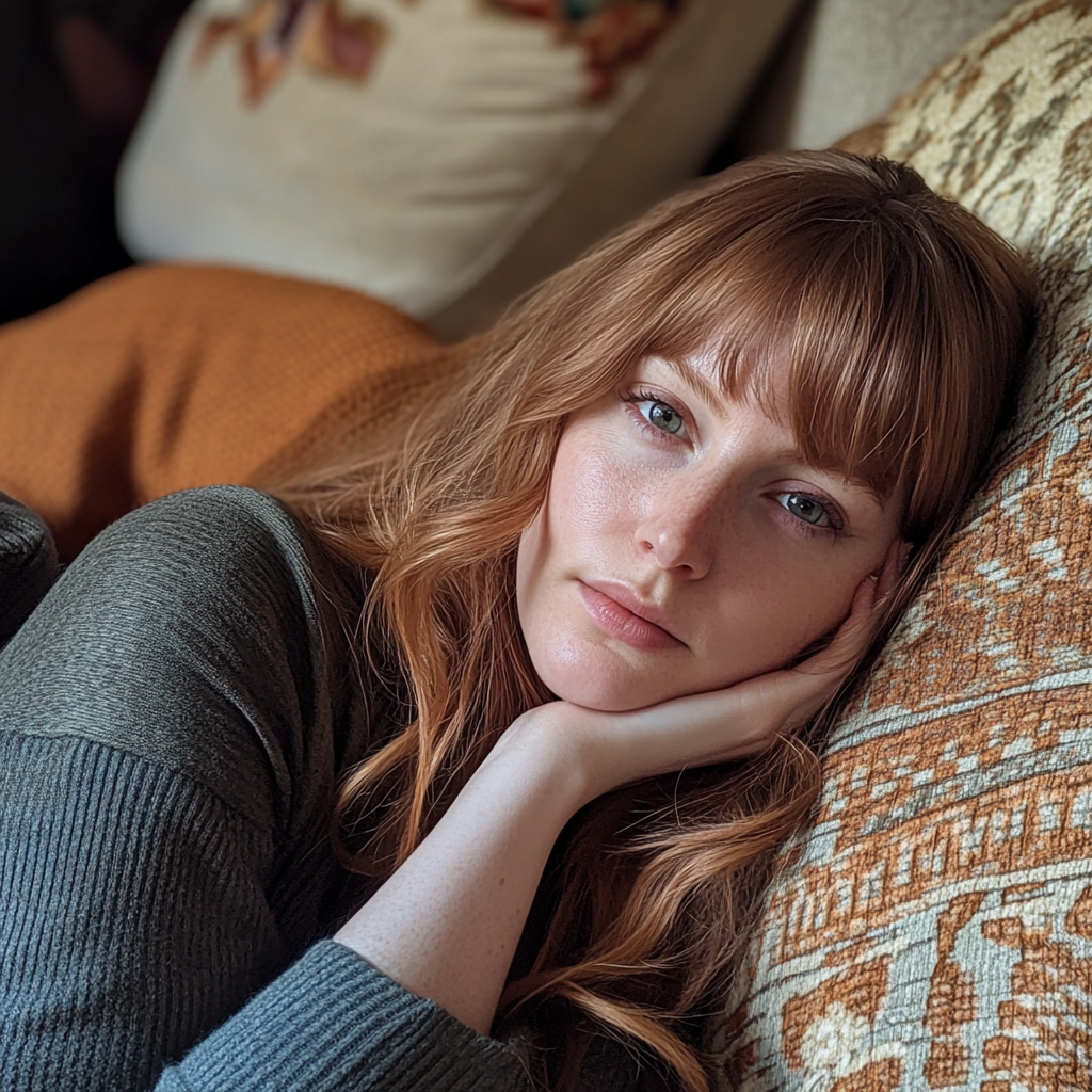 A woman leaning against a pillow | Source: Midjourney