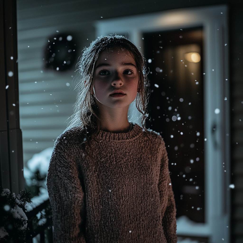 A teenage girl standing outside a house in the snow at night | Source: Midjourney