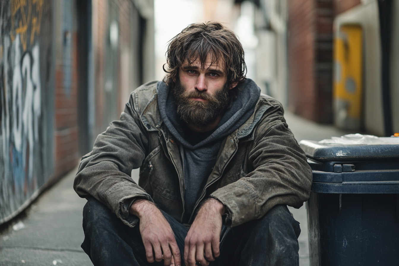 A homeless man in an alley | Source: Midjourney