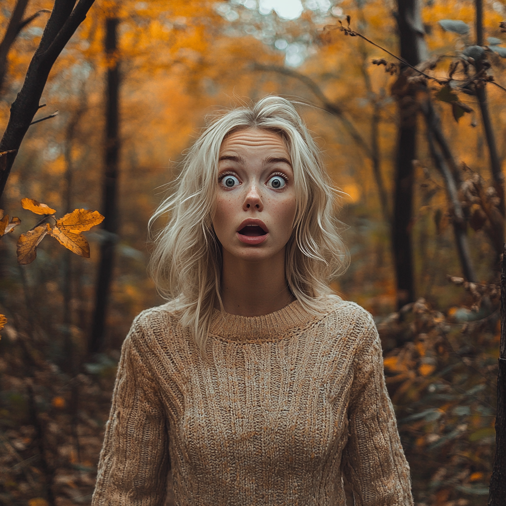 A shocked woman in the woods | Source: Midjourney