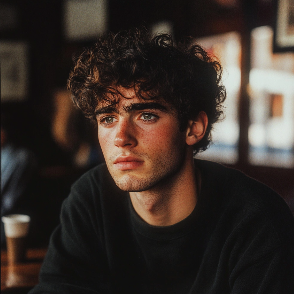 A young man sitting in a coffee shop | Source: Midjourney