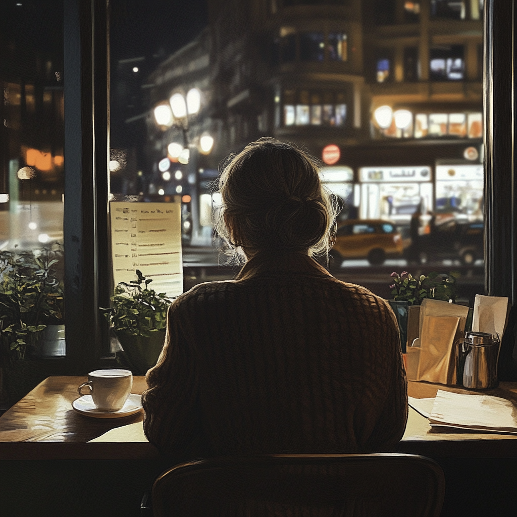 A woman sitting at a café at night | Source: Midjourney