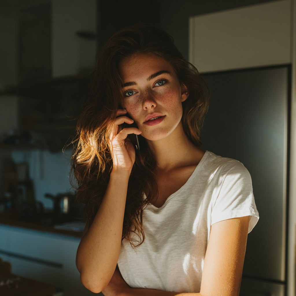 A woman standing in a kitchen and talking on the phone | Source: Midjourney