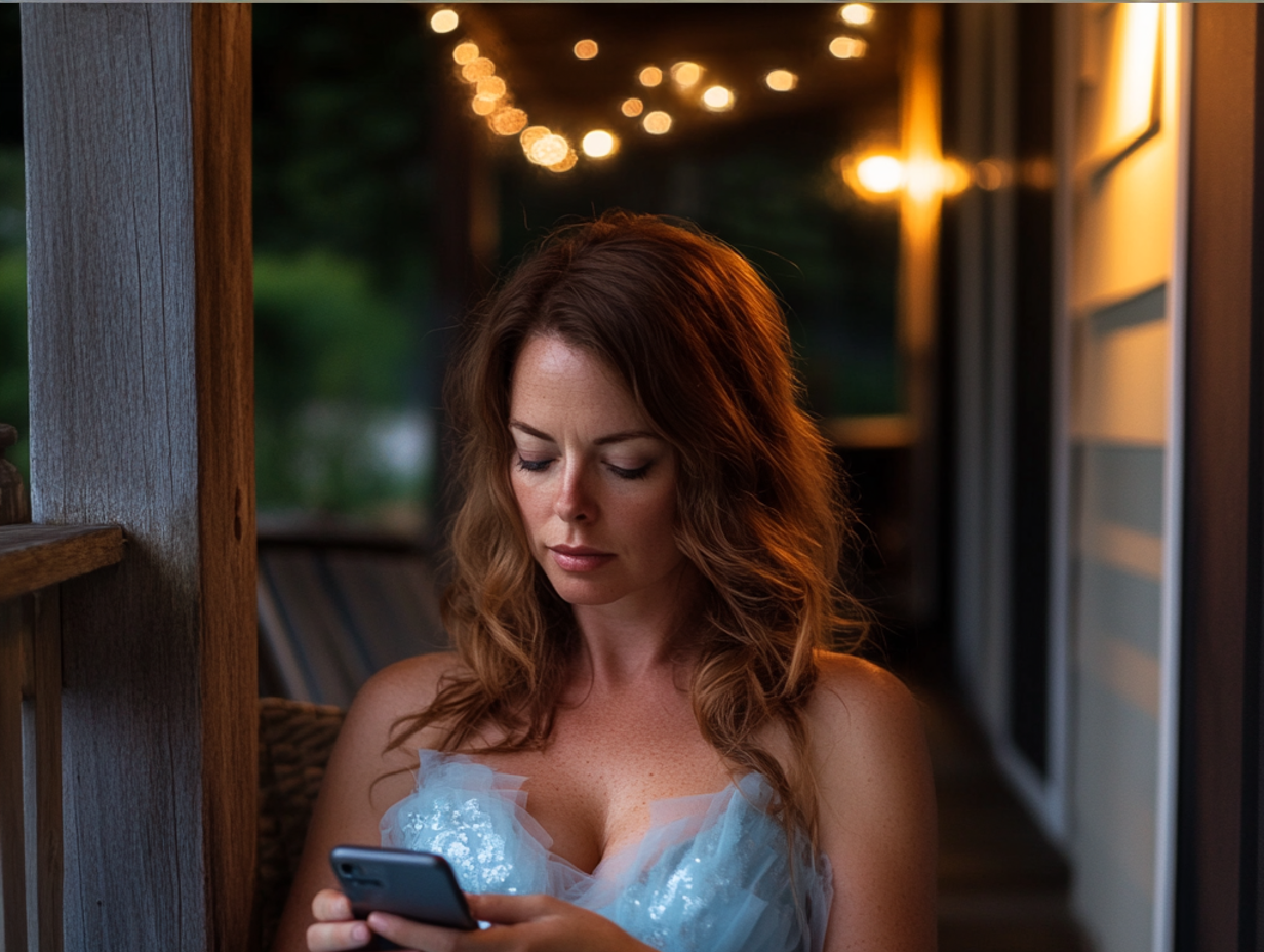 A woman sitting on a porch and using her cellphone | Source: Midjourney