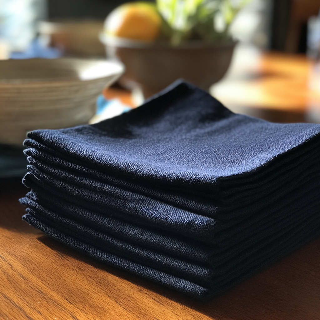 Folded navy napkins on a table | Source: Midjourney