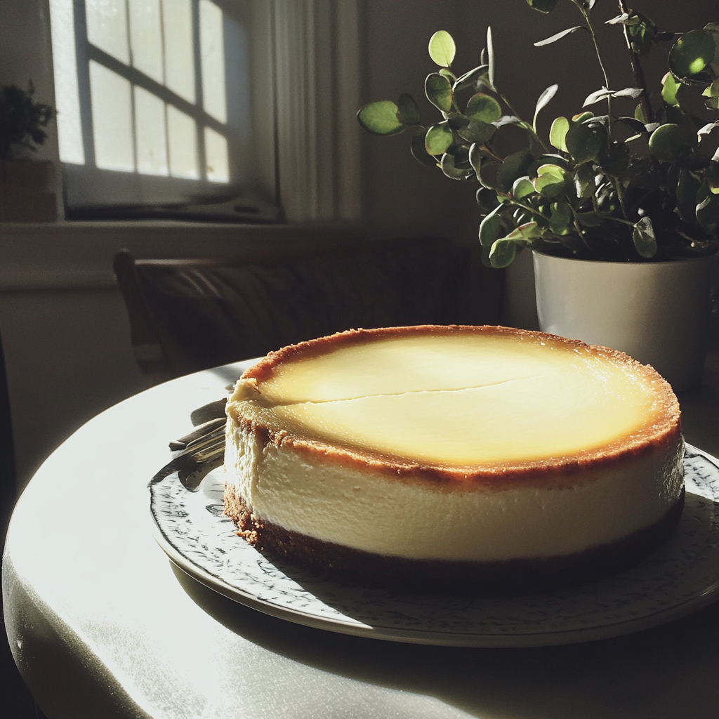 A cheesecake on a table | Source: Midjourney