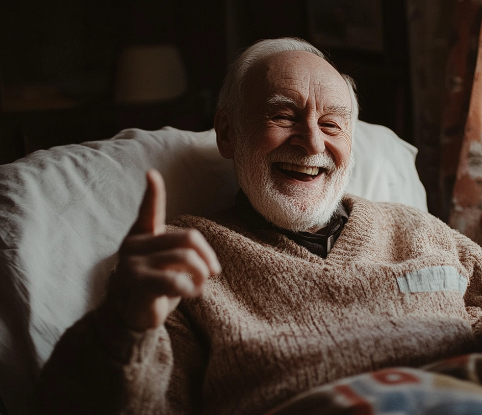 A smiling elderly man pointing at someone | Source: Midjourney