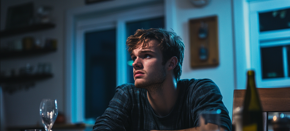 An emotional man seated at a dinner table | Source: Midjourney