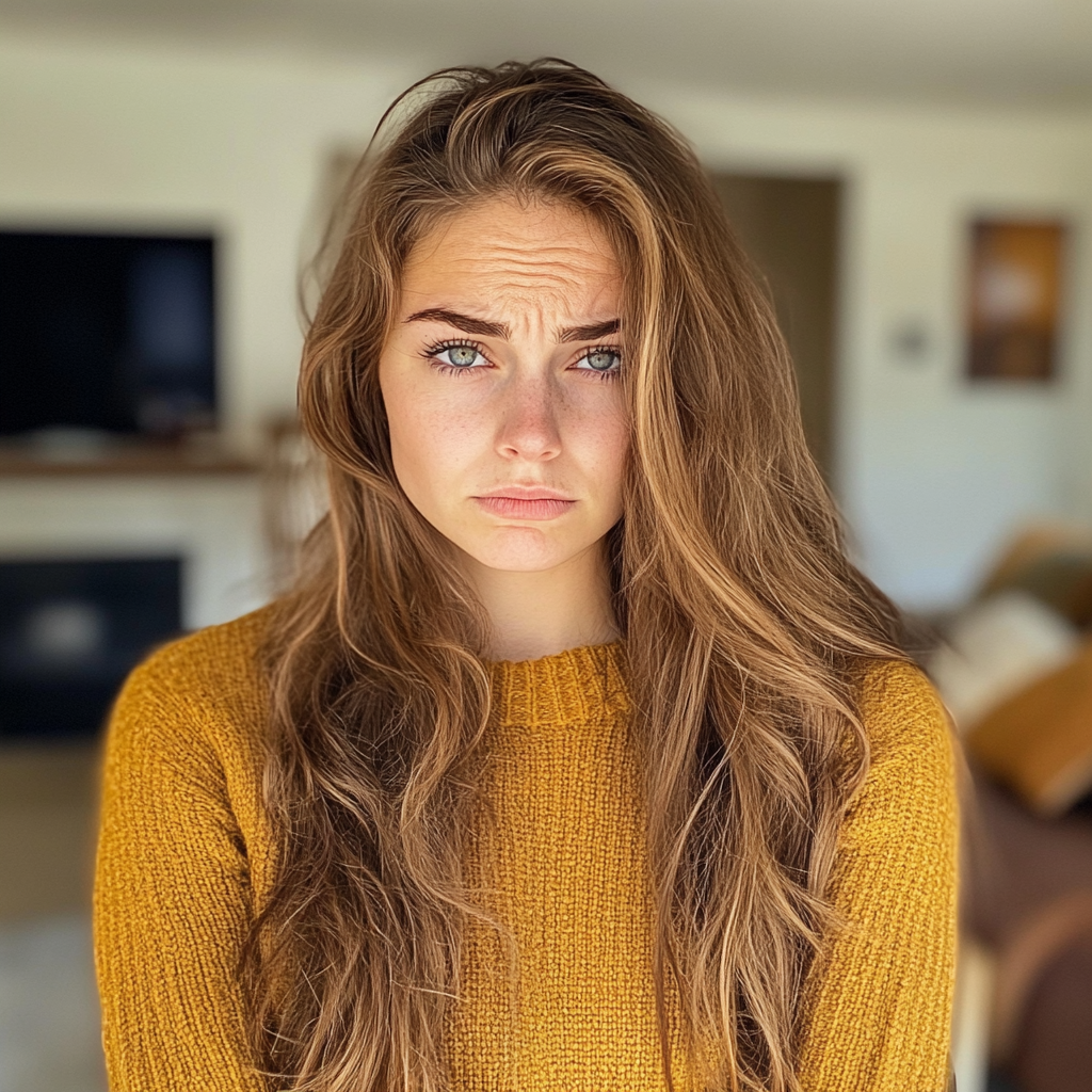 A frowning woman standing in a living room | Source: Midjourney