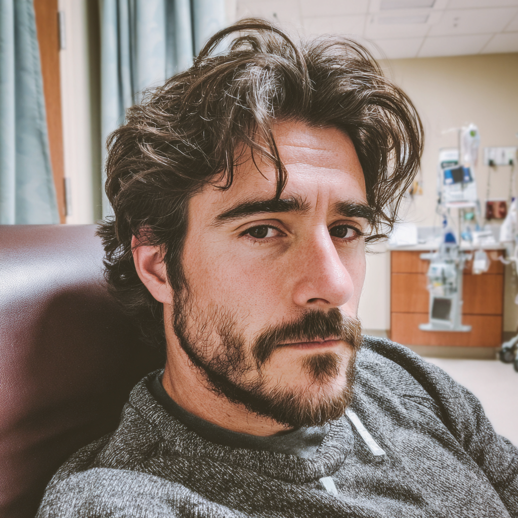 A worried man sitting in a hospital ward | Source: Midjourney