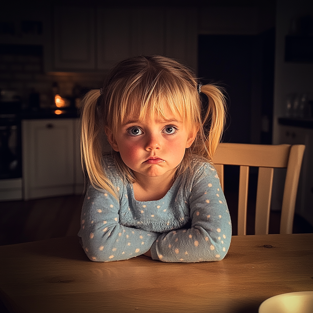 A little girl sitting at a table | Source: Midjourney