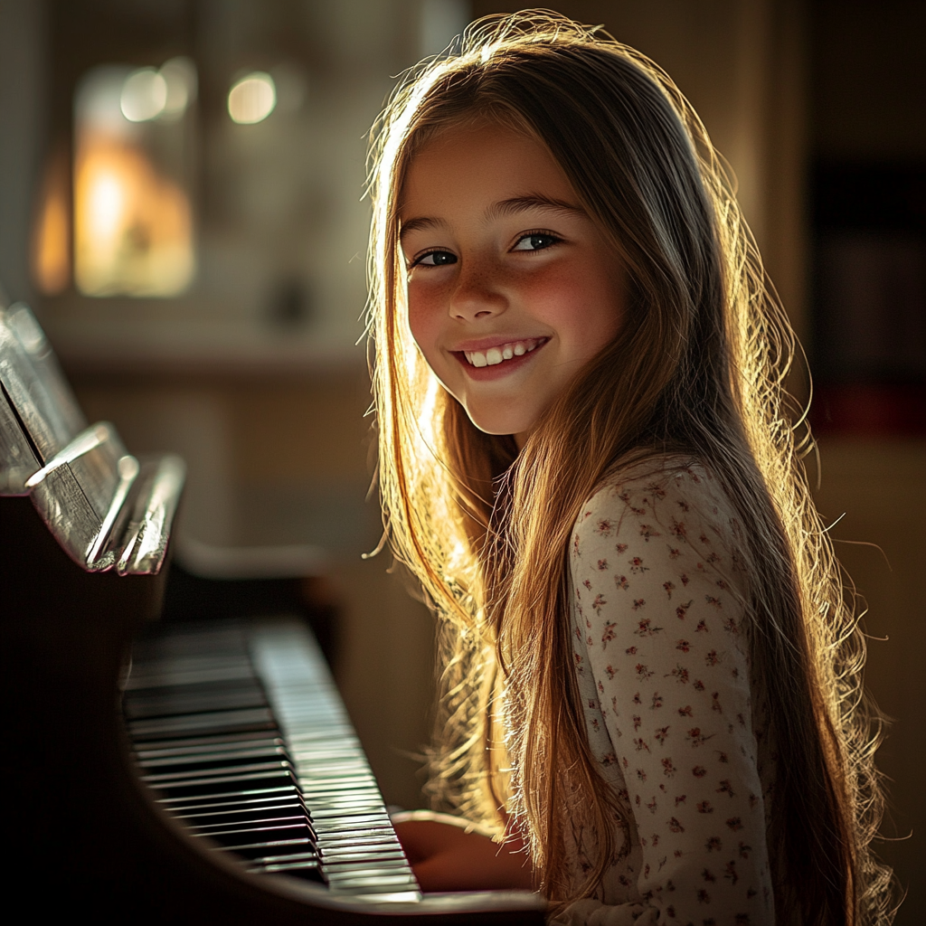 A happy girl sitting at her piano | Source: Midjourney