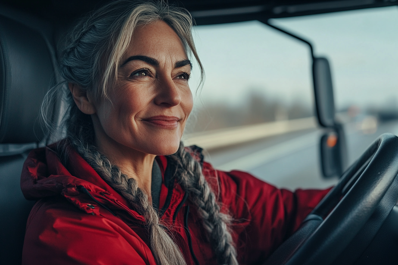 Woman in her late 40s with a red jacket and a smile driving a big truck | Source: Midjourney