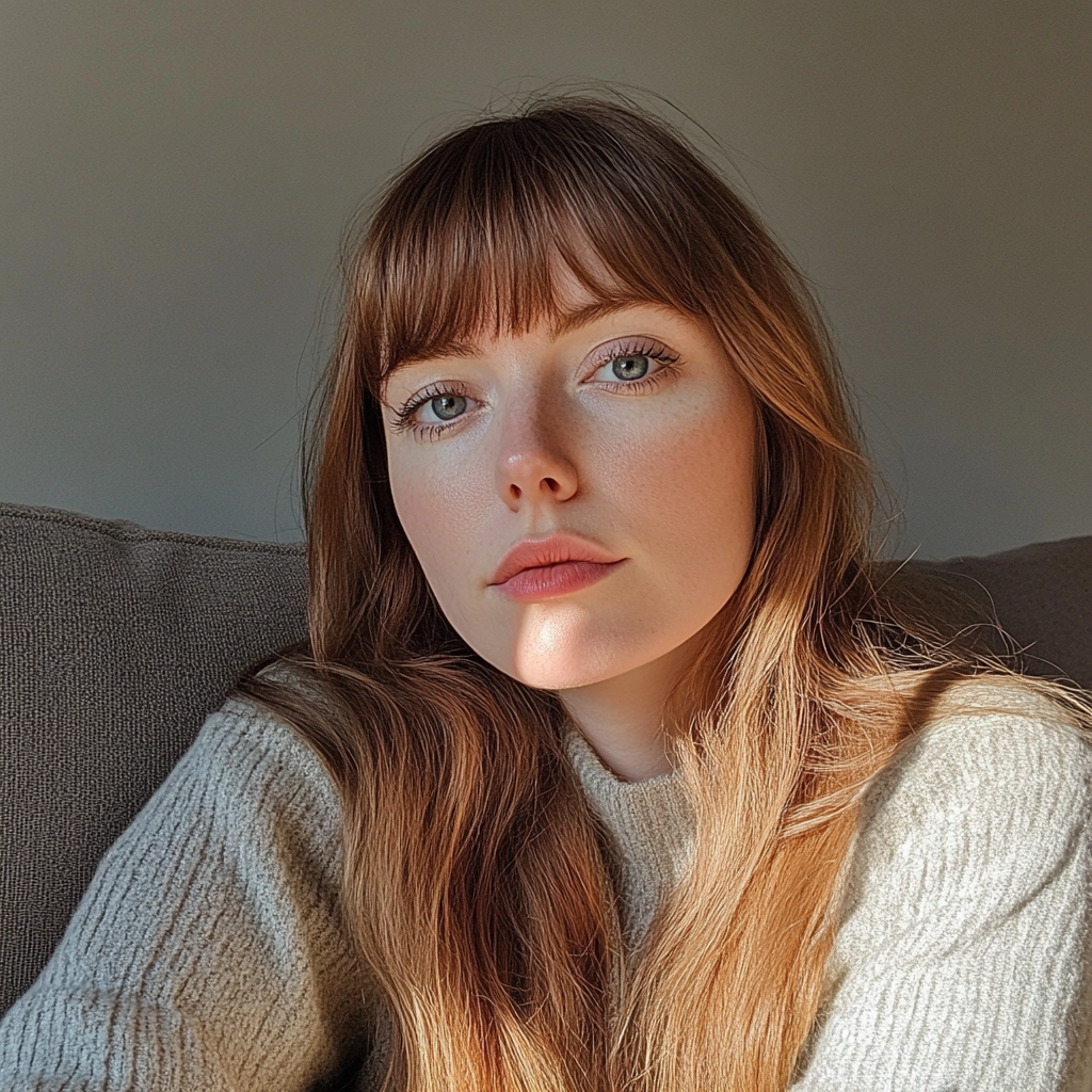 A pensive woman sitting on a couch | Source: Midjourney