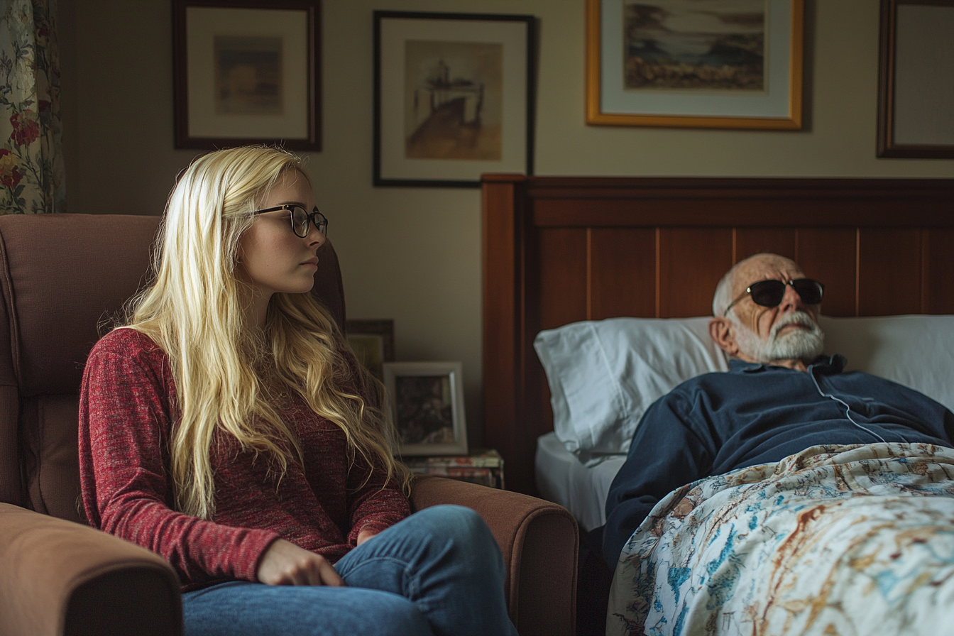 A young woman sitting at her grandfather's bedside | Source: Midjourney