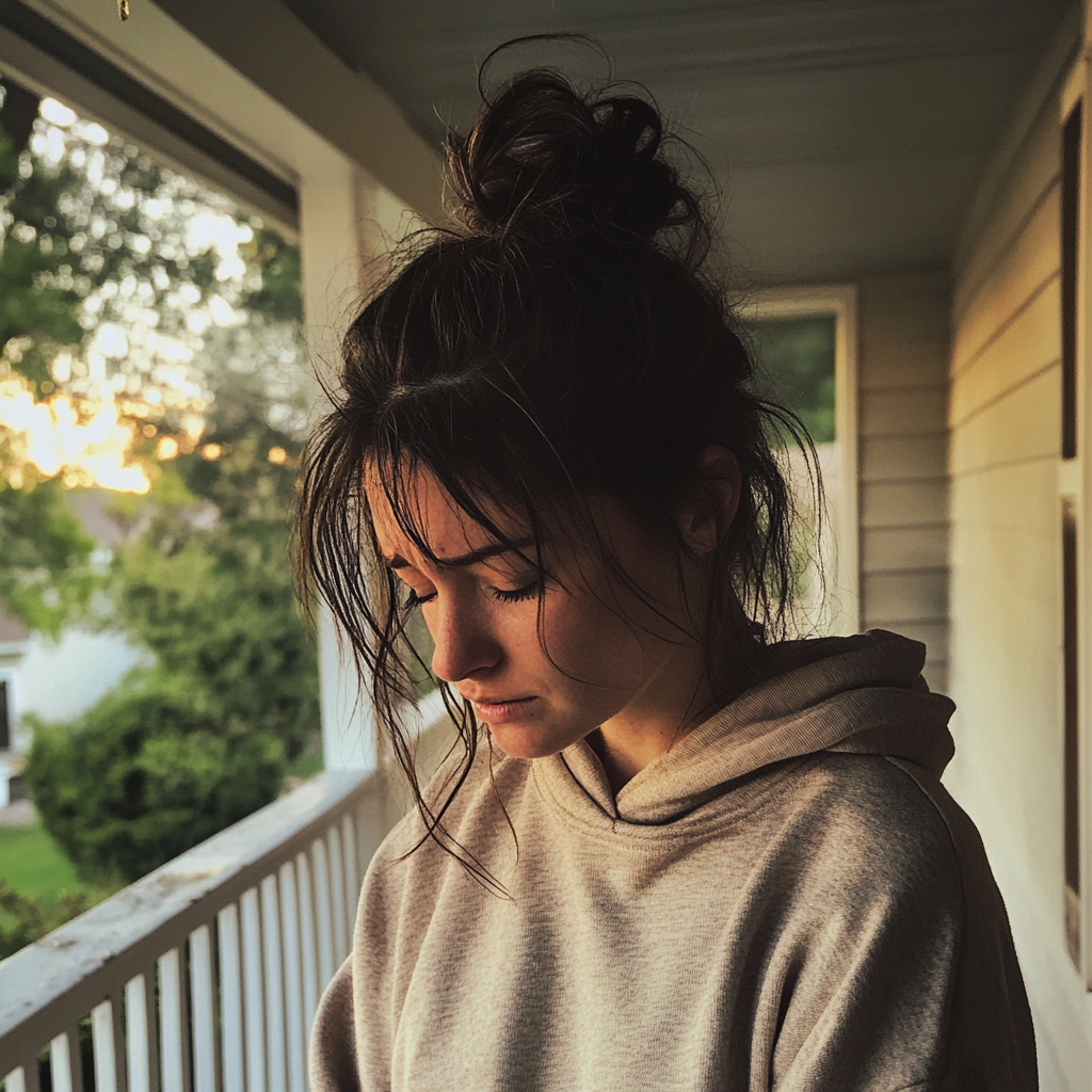 An upset woman standing on a porch | Source: Midjourney