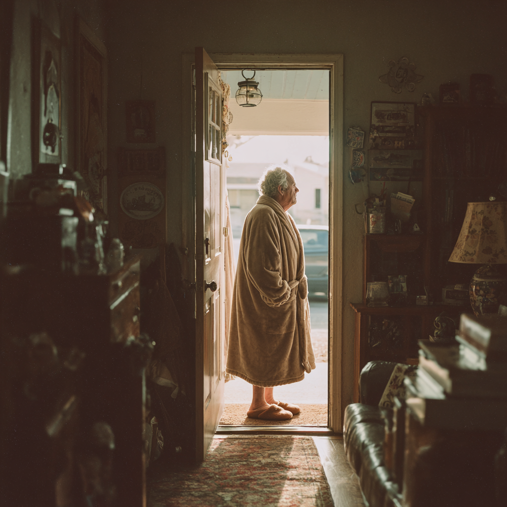 A frail man answering the door | Source: Midjourney