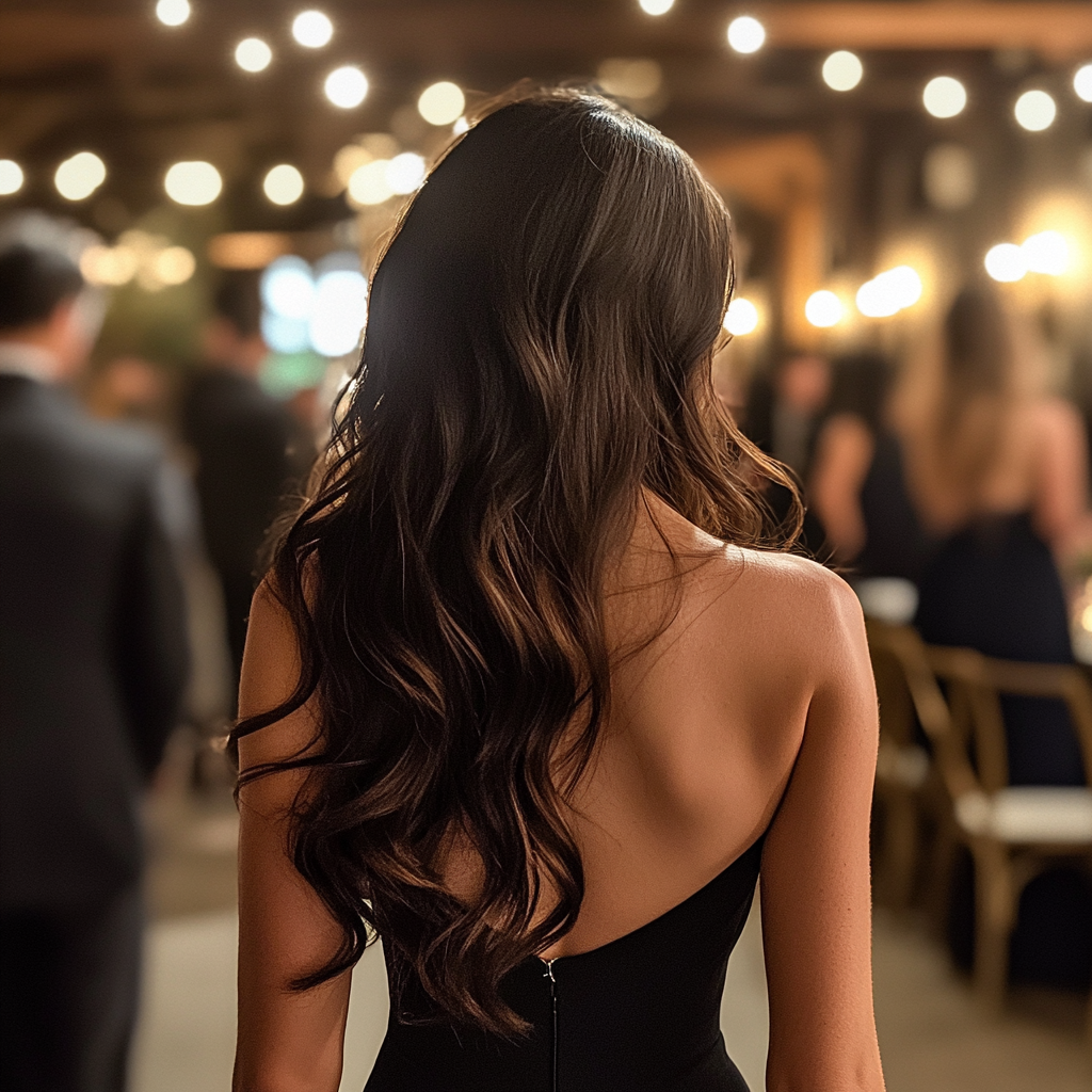 A woman walking through a wedding reception | Source: Midjourney