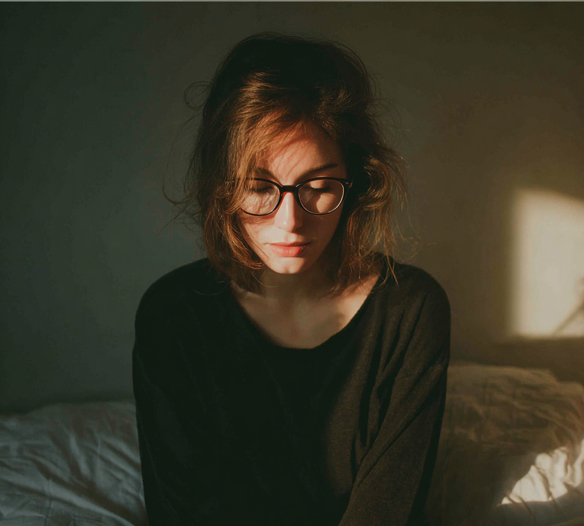 An emotional woman sitting on a bed | Source: Midjourney