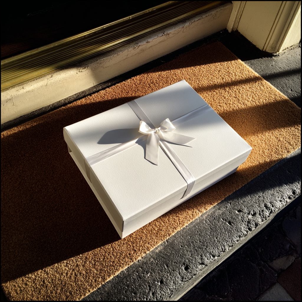 A white gift box on a welcome mat | Source: Midjourney