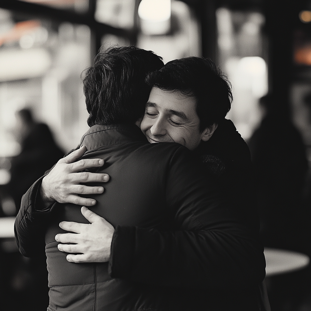 A young man hugging his father | Source: Midjourney