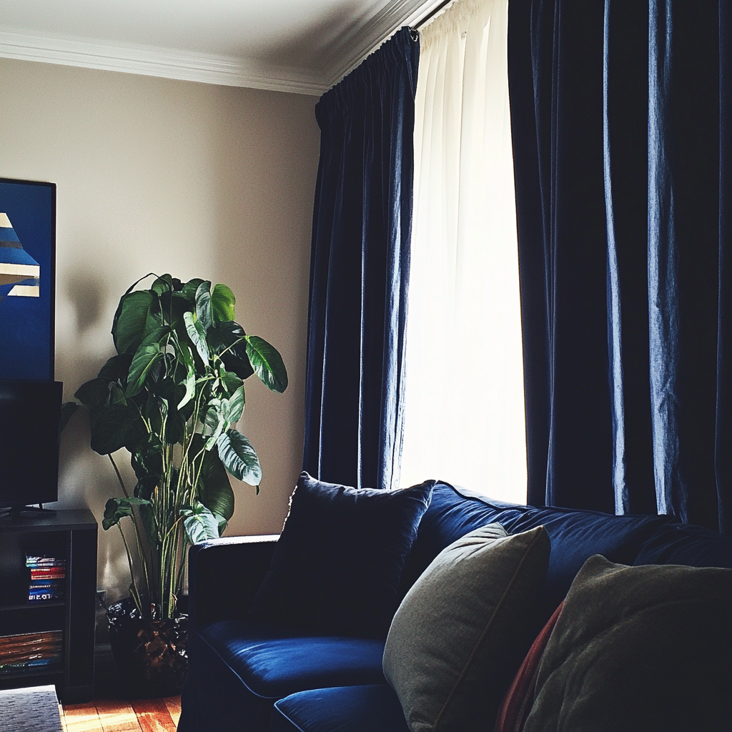 Navy curtains in a living room | Source: Midjourney