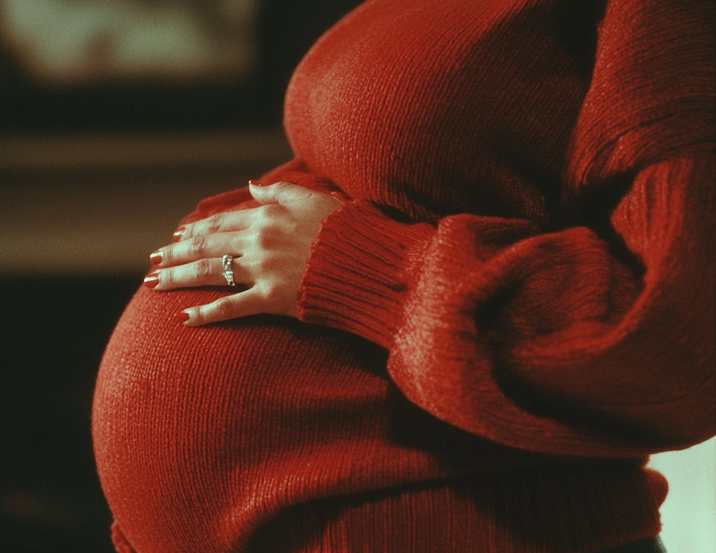 Close-up cropped shot of a heavily pregnant woman holding her belly | Source: Midjourney