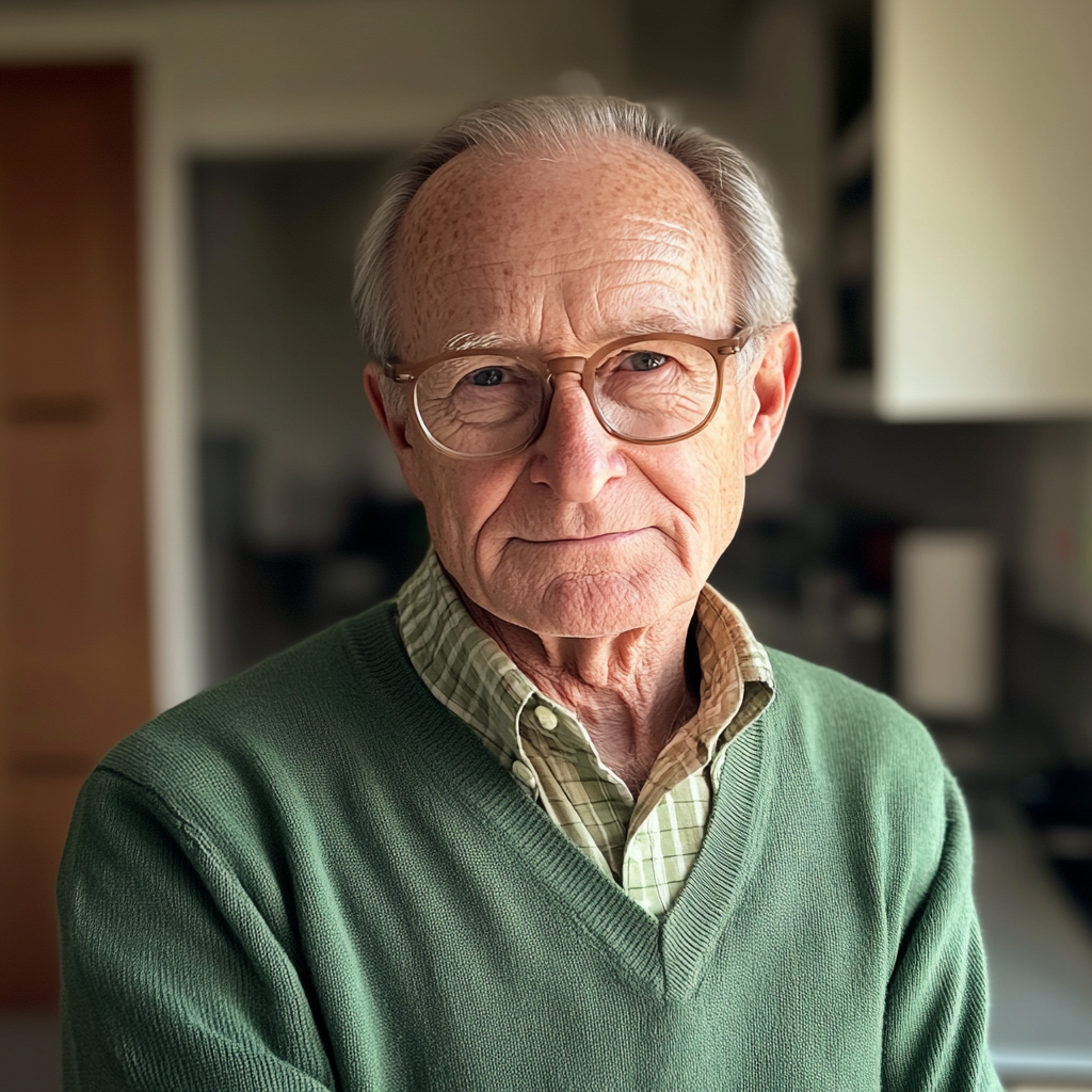 A smiling old man wearing a green cardigan | Source: Midjourney