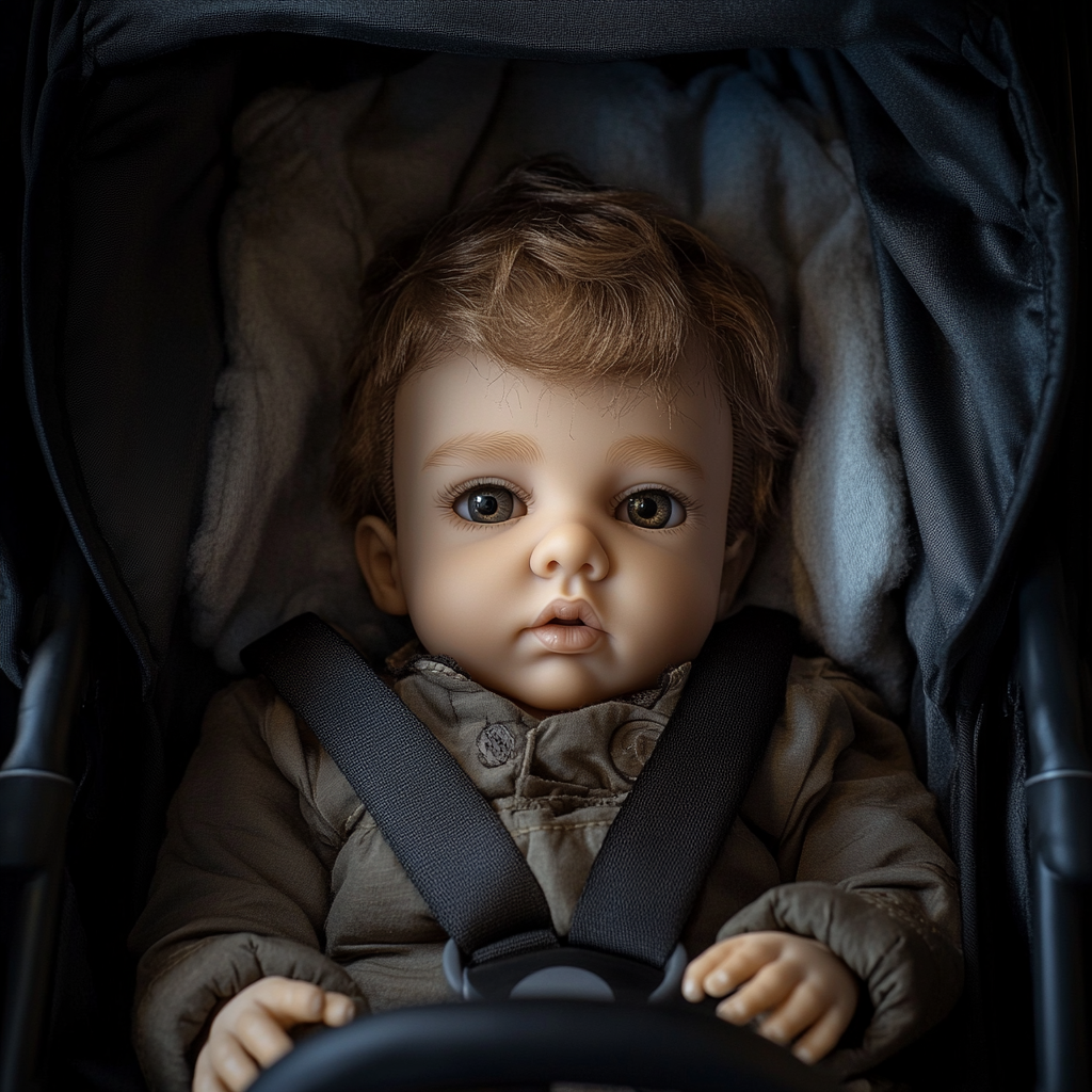 A realistic-looking plastic baby boy doll in a stroller | Source: Midjourney