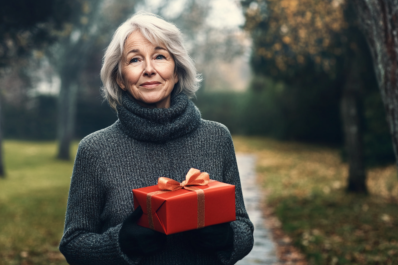 A woman holding a red box smiling uncertainly | Source: Midjourney