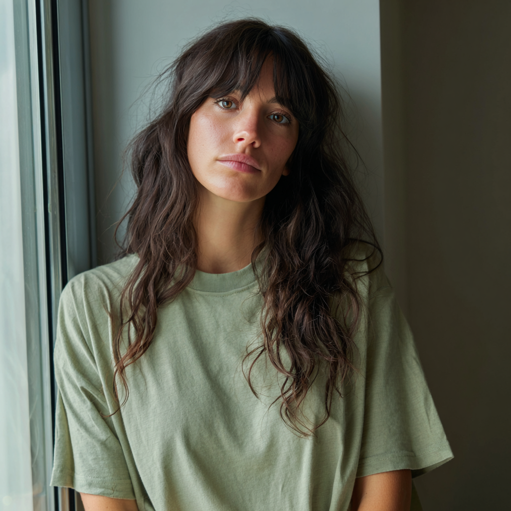 A pensive woman with long hair and bangs | Source: Midjourney