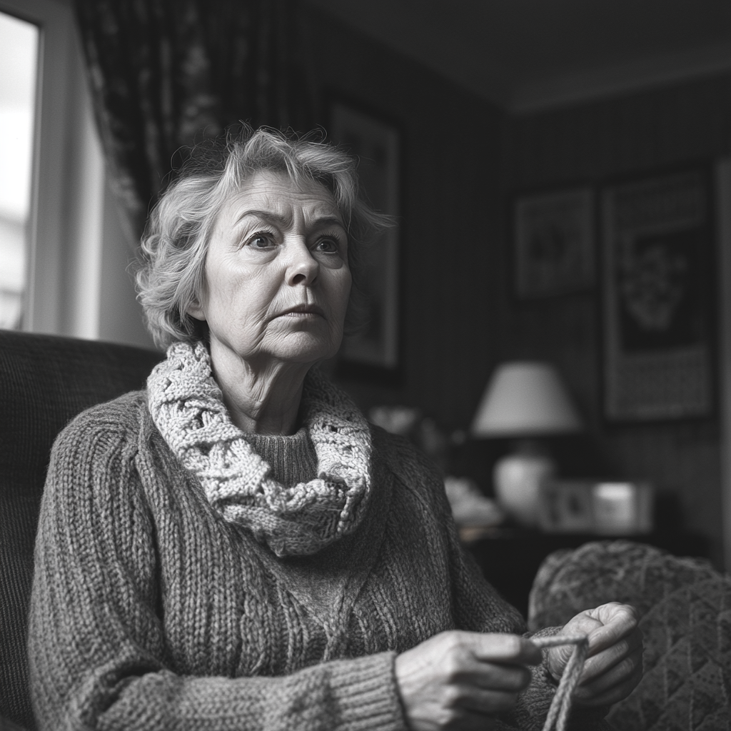 A concerned woman knitting | Source: Midjourney